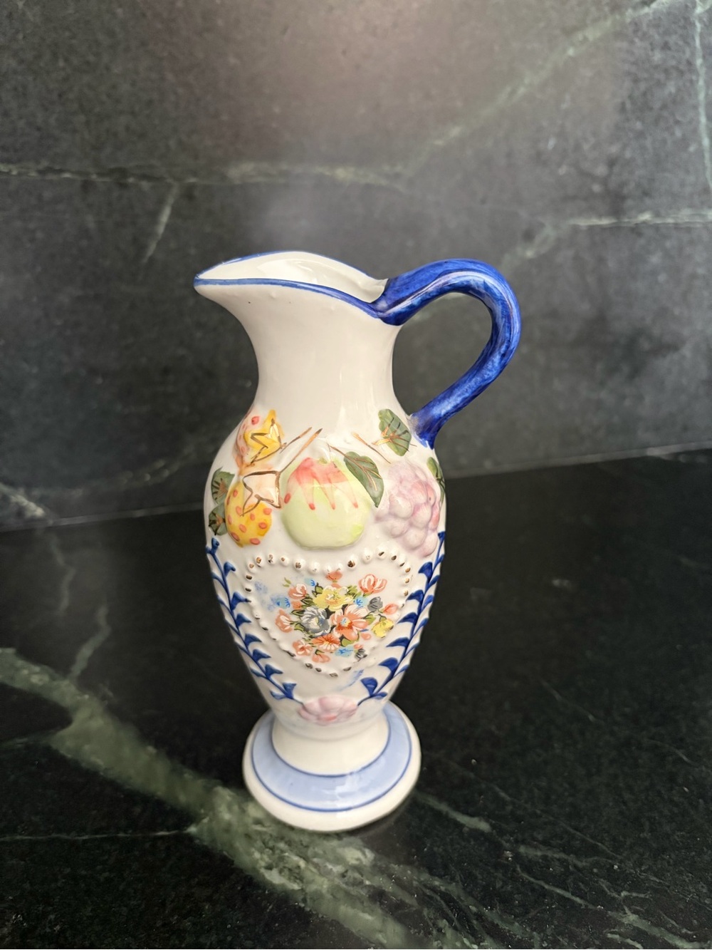 Portuguese Hand-Painted Ceramic Pitcher Vase 7” Blue White Floral Fruit Heart